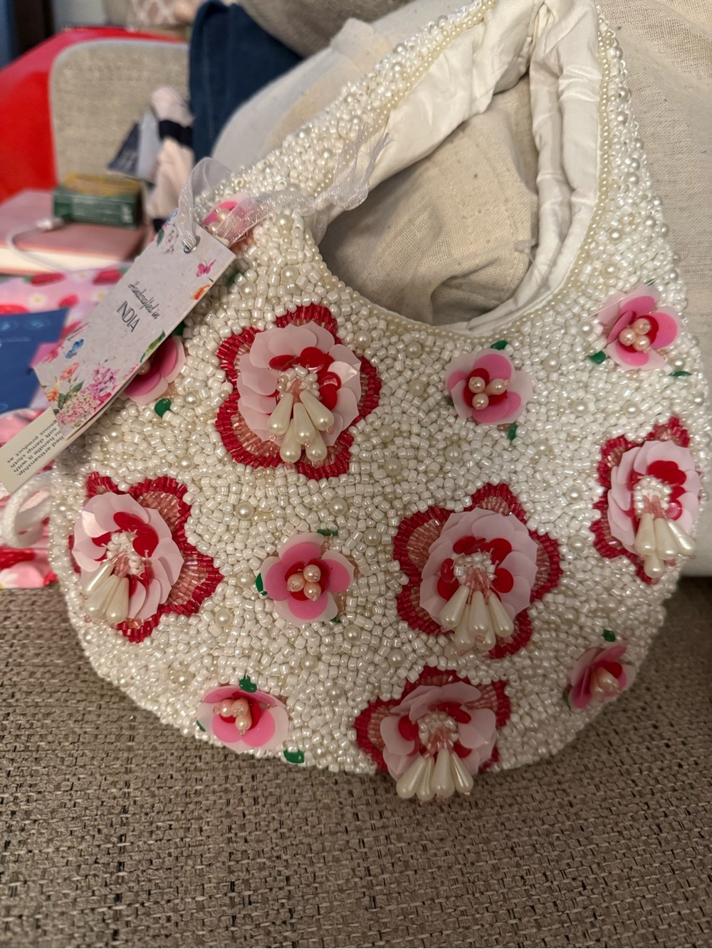 Beaded Floral Shoulder Bag - White with Pink & Red Accents